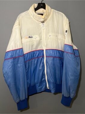 Vintage-Inspired Cream & Blue Windbreaker Jacket